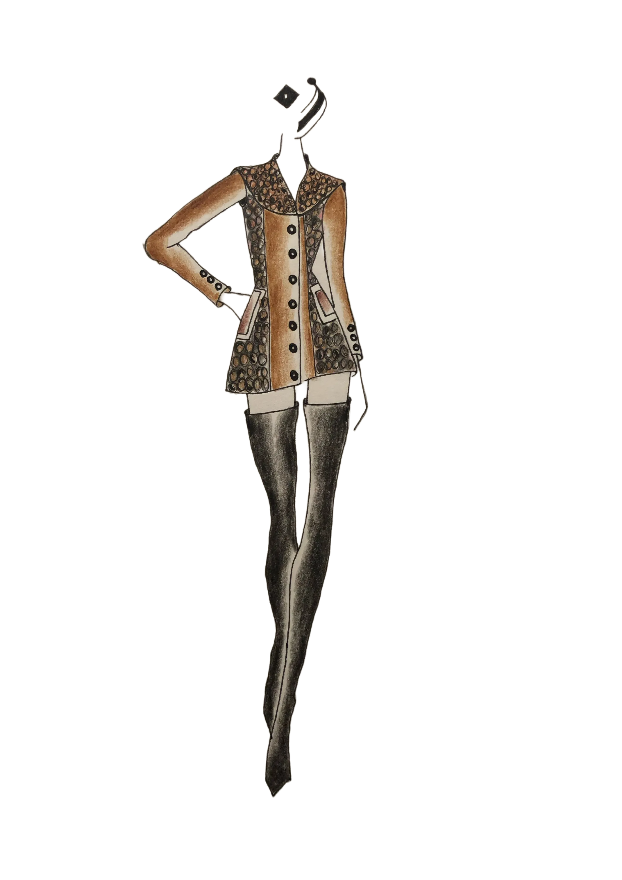 Dessin d'une longue veste d'hiver couleur marron avec des manches à motifs